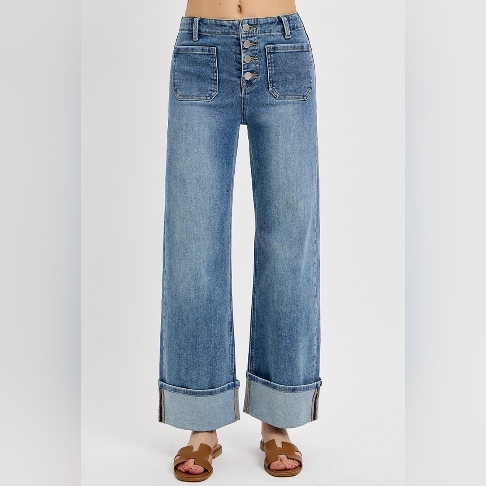 Risen HR Medium Wash Button Fly Patch Pocket Cuffed Wide Leg Jeans Various NEW - Picture 2 of 6